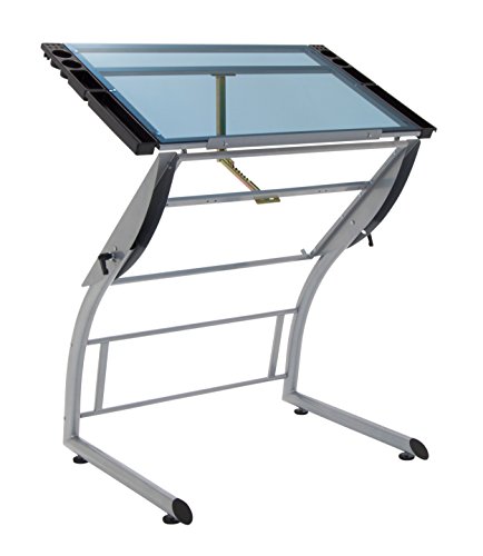 0017342100893 - STUDIO DESIGNS 10089 TRIFLEX DRAWING TABLE, SIT TO STAND UP ADJUSTABLE DESK, SILVER/BLUE GLASS