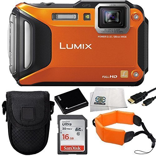 0017351681680 - PANASONIC LUMIX DMC-TS5 16.1 MP TOUGH DIGITAL CAMERA WITH 9.3X INTELLIGENT ZOOM (ORANGE) + SANDISK 16GB ULTRA SDHC MEMORY CARD + EXTENDED LIFE REPLACEMENT BATTERY + FLOATING WRIST STRAP + MICRO HDMI CABLE + CARRYING CASE + MICROFIBER CLEANING CLOTH