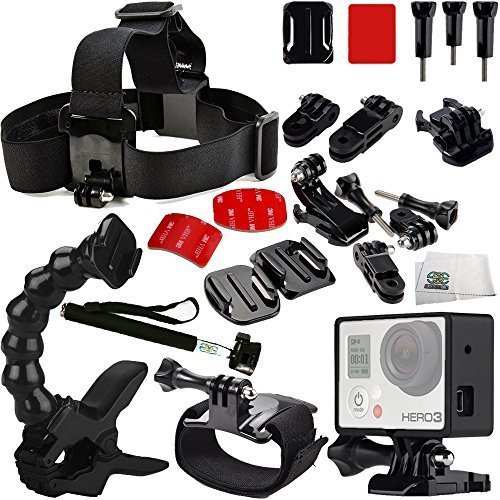 0017842971634 - ROCK CLIMBING ACCESSORY KIT INCLUDES HANDHELD MONOPOD + CURVED ADHESIVE HELMET SIDE MOUNT KIT + CURVED ADHESIVE HELMET FRONT MOUNT KIT + JAWS: FLEX CLAMP + WRIST STRAP + HEAD STRAP + FRAME MOUNT HOUSING + MICROFIBER CLEANING CLOTH FOR GOPRO HERO+, HERO4