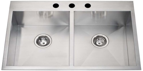 0181514000288 - ECOSINKS ECOD-338DAF-3 ACERO ULTRA PREMIUM COMBO DUAL MOUNT DROP-IN 3-HOLE DOUBLE BOWL KITCHEN SINK WITH CREASED BOTTOM, STAINLESS STEEL