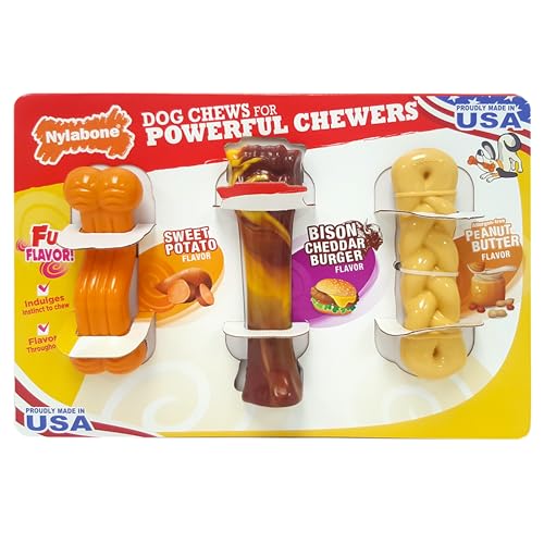 0018214844112 - NYLABONE FLAVOR FUN DOG CHEW TOYS FOR AGGRESSIVE CHEWERS - SWEET POTATO, BISON CHEDDAR BURGER, AND PEANUT BUTTER 3 COUNT