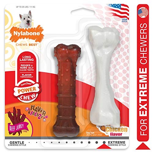 0018214850199 - NYLABONE POWER CHEW DURABLE DOG CHEW TOYS TWIN PACK BEEF JERKY & CHICKEN SMALL/REGULAR - UP TO 25 LBS.
