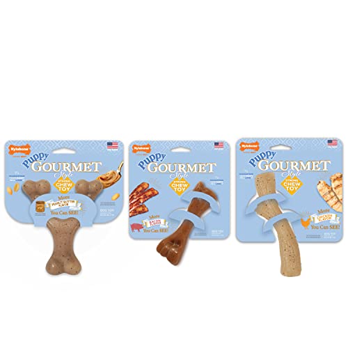 0018214853602 - NYLABONE PUPPY GOURMET STYLE STRONG CHEW TOY PUPPY BUNDLE BACON, CHICKEN, PEANUT BUTTER PUPPY GOURMET BUNDLE (3 COUNT)