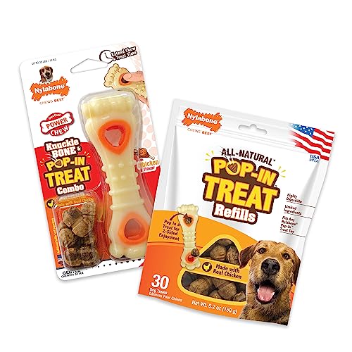 0018214855019 - NYLABONE POWER CHEW KNUCKLE BONE & POP-IN DOG TREAT TOY COMBO BUNDLE - TOUGH DOG TOY FOR AGGRESSIVE CHEWERS AND TREAT POUCH - DURABLE DOG TOY - CHICKEN FLAVOR, MEDIUM/WOLF (1 COUNT)