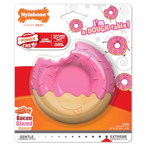 0018214855552 - NYLABONE DONUT DOG TOY POWER CHEW - CUTE DOG TOYS FOR AGGRESSIVE CHEWERS - WITH A FUNNY TWIST! TOUGH DOG TOYS - DURABLE DOG TOYS - BACON GLAZED FLAVOR, MEDIUM/WOLF (1 COUNT)