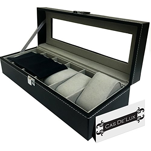 0018227300230 - LUXURY WATCH BOX 6 VELVET PILLOW SLOTS, PREMIUM DISPLAY CASE WITH FRAMED GLASS LID, ELEGANT CONTRAST STITCHING, STURDY & SECURE LOCK - BY CAS DE` LUX