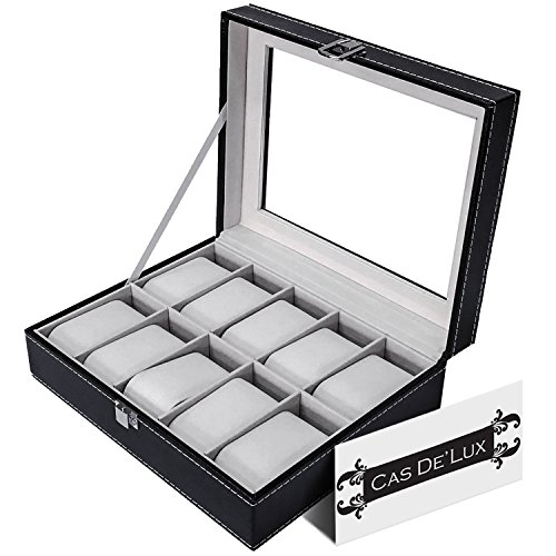 0018227300247 - LUXURY WATCH BOX 10 VELVET PILLOW SLOTS, PREMIUM DISPLAY CASE WITH FRAMED GLASS LID, ELEGANT CONTRAST STITCHING, STURDY & SECURE LOCK BY CAS DE` LUX