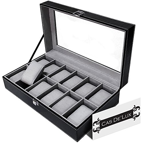 0018227300254 - LUXURY WATCH BOX 12 VELVET PILLOW SLOTS, PREMIUM DISPLAY CASE WITH FRAMED GLASS LID, ELEGANT CONTRAST STITCHING, STURDY & SECURE LOCK - BY CAS DE` LUX