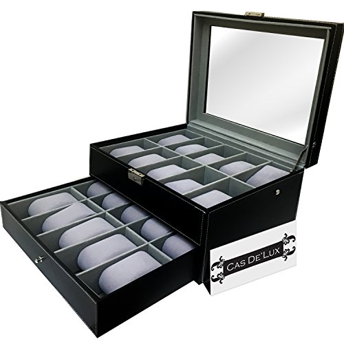 0018227300261 - LUXURY WATCH BOX 20 VELVET PILLOW SLOTS, PREMIUM DISPLAY CASE WITH FRAMED GLASS LID, ELEGANT CONTRAST STITCHING, STURDY & SECURE LOCK - BY CAS DE` LUX