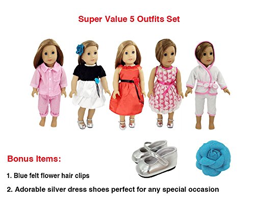 0018227470865 - SUPER VALUE 5 OUTFITS PLUS SHOES AMERICAN GIRL DOLL CLOTHES - 18 INCH DOLL ACCESSORIES SET FITS AMERICAN GIRL DOLL, OUR GENERATION, JOURNEY GIRLS DOLLS BY WEARDOLL