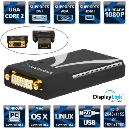 0188218000392 - SABRENT UGA-2K-195 USB 2.0 TO VGA/DVI/HDMI ADAPTER FOR MULTIPLE MONITORS UP TO 2048X1152 / 1920X1080 EACH (DISPLAYLINK DL-195 CHIPSET)