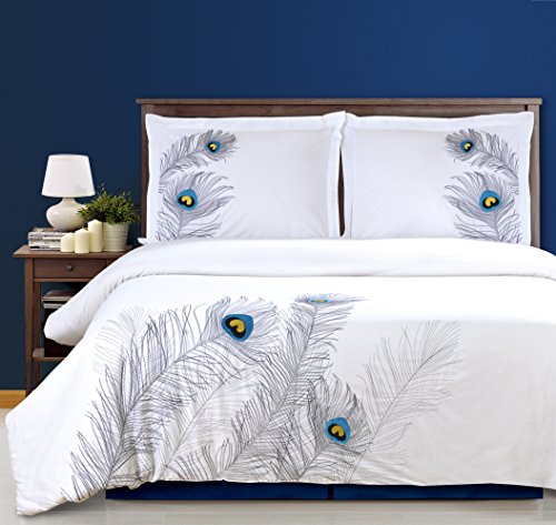 0190052006768 - 100% COTTON, 3-PIECE FULL/QUEEN SINGLE PLY, SOFT, EMBROIDERED PEACOCK DUVET COVER SET, SILVER