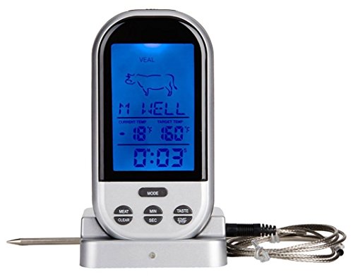 0190073826512 - RTSU 100 FEET LONG RANGE RF WIRELESS MEAT THERMOMETER FOR INDOOR OUTDOOR BBQ SMOKER GRILL OVEN WITH DETACHABLE MEATHEAD TEMPERATURE STAINLESS STEEL PROBE AND BIG BLUE BACKLIT DIGITAL LCD DISPLAY