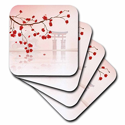 0190133056736 - 3DROSE CST_116168_3 BEAUTIFUL JAPANESE SAKURA RED CHERRY BLOSSOMS BRANCHING REFLECTING OVER WATER ORIENTAL VECTOR DESIGN CERAMIC TILE COASTERS, (SET OF 4)