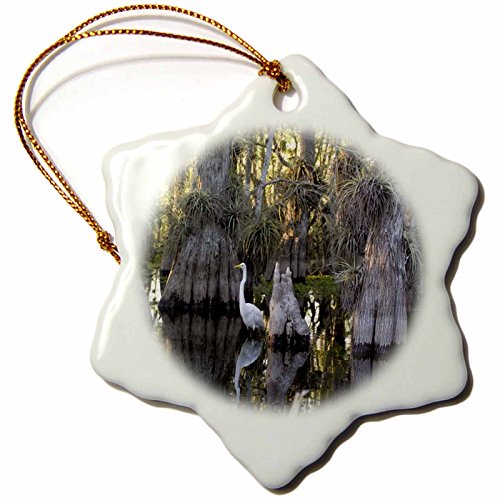 0190133190478 - 3DROSE EVERGLADES NATIONAL PARK - GREAT EGRET IN A CYPRESS GROVE - SNOWFLAKE ORNAMENT, PORCELAIN, 3-INCH (ORN_60235_1)