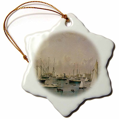0190133199587 - 3DROSE THE YACHT SQUADRON AT NEWPORT BY NATHANIEL CURRIER AND JAMES MERRITT IVES - SNOWFLAKE ORNAMENT, PORCELAIN, 3-INCH (ORN_126772_1)