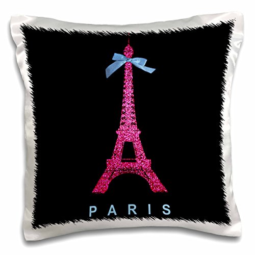 0190133232703 - 3DROSE PC_112908_1 HOT PINK PARIS EIFFEL TOWER FROM FRANCE WITH GIRLY BLUE RIBBON BOW-BLACK STYLISH MODERN FRANCE-PILLOW CASE, 16 BY 16