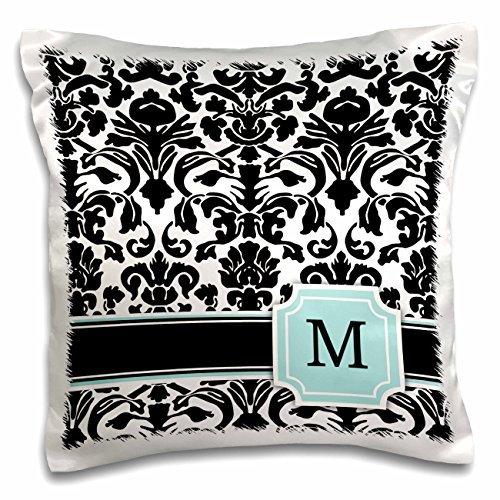 0190133236817 - 3DROSE PC_154362_1 LETTER M PERSONAL MONOGRAMMED MINT BLUE BLACK AND WHITE DAMASK PATTERN CLASSY PERSONALIZED INITIAL PILLOW CASE, 16 X 16
