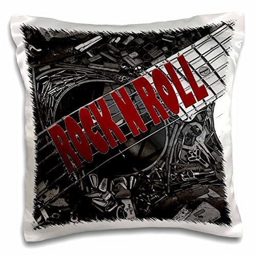 0190133241798 - 3DROSE PC_185537_1 ROCK AND ROLL WRITTEN IN BOLD RED ON A BLACK AND WHITE GUITAR PILLOW CASE, 16 X 16
