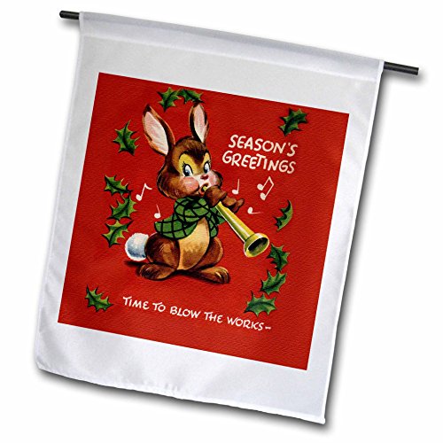 0190133321568 - 3DROSE FL_172826_1 CARTOON OF RABBIT PLAYING A HORN WITH HOLLY LEAVES FALLEN GARDEN FLAG, 12 X 18