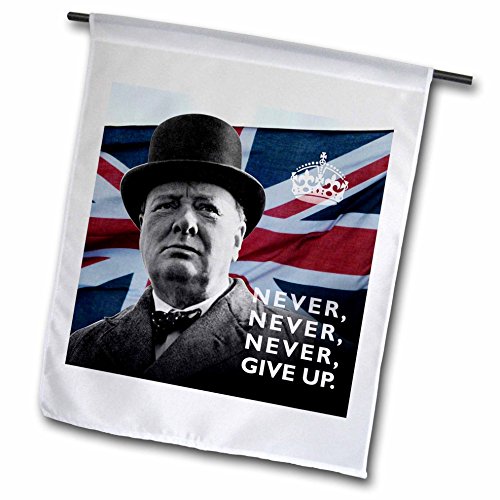 0190133323883 - 3DROSE FL_220216_1 WINSTON CHURCHILL- NEVER GIVE UP QUOTE OVER UNION JACK BACKGROUND GARDEN FLAG, 12 X 18