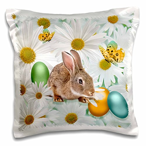 0190133374779 - 3DROSE EASTER BUNNY DAISY GARDEN WITH COLORED EGGS AND BUTTERFLIES-PILLOW CASE, 16 BY 16 (PC_212402_1)