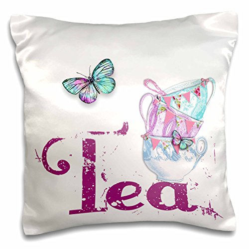 0190133436675 - 3DROSE PC_211110_1 VINTAGE STACK OF TEA CUPS WITH THE WORD TEA - PILLOW CASE, 16 BY 16
