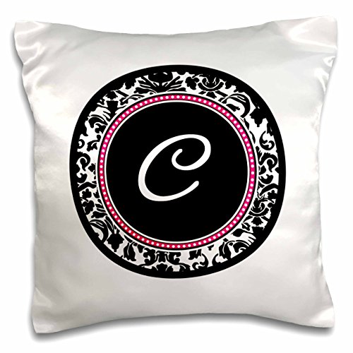 0190133500819 - 3DROSE PC_154595_1 LETTER C STYLISH MONOGRAMMED CIRCLE-GIRLY PERSONAL INITIAL-PERSONALIZED BLACK DAMASK HOT PINK-PILLOW CASE, 16 BY 16