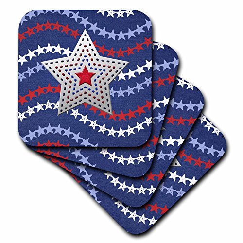 0190133542727 - 3DROSE SILVER STAR ON WAVING SMALLER STARS, RED, WHITE, & BLUE - SOFT COASTERS, SET OF 8 (CST_192607_2)