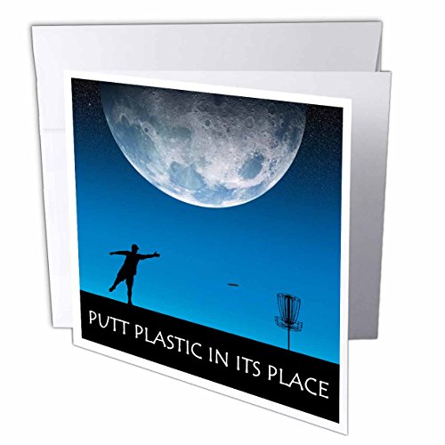 0190133752270 - PERKINS DESIGNS DISC GOLF - PUTT PLASTIC IN ITS PLACE 6 SILHOUETTE OF FRISBEE DISC GOLFER PUTTING UNDER THE MOON - GREETING CARDS-1 GREETING CARD WITH ENVELOPE (GC_18422_5)