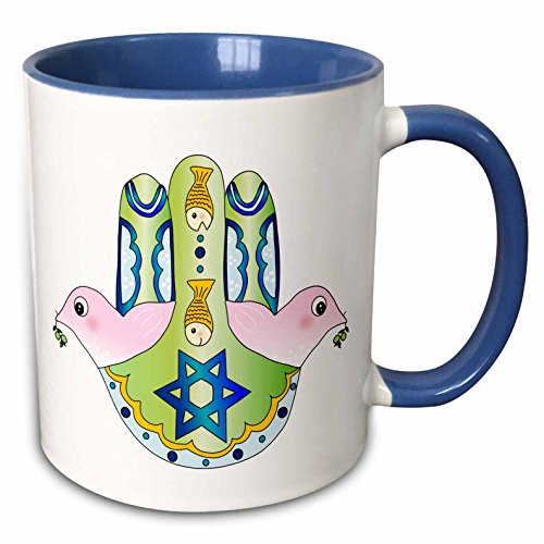 0190133790982 - 3DROSE MUG_112922_6 JEWISH CHAMSA HAMSA HAND PINK PEACE DOVES BLUE MAGEN DAVID STAR & FISH JUDAISM TWO TONE BLUE MUG, 11 OZ, BLUE/WHITE