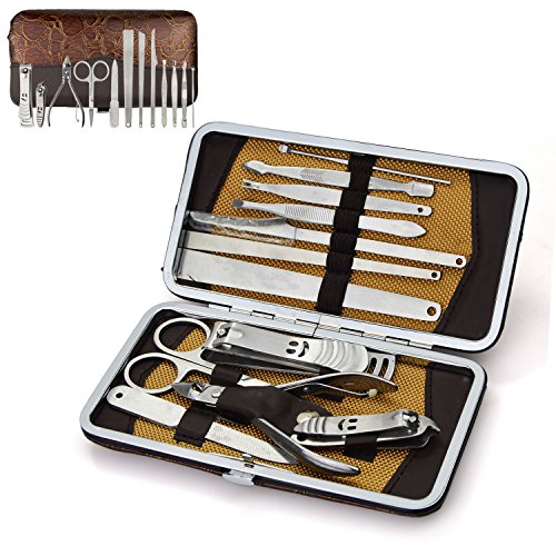 0190149057017 - BEYOUNG(TM) 13 PIECES PROFESSIONAL NAIL CARE STAINLESS STEEL PEDICURE MANICURE KIT TOOL SET FOR HOME TRAVEL GROOMING - LEATHER CASE