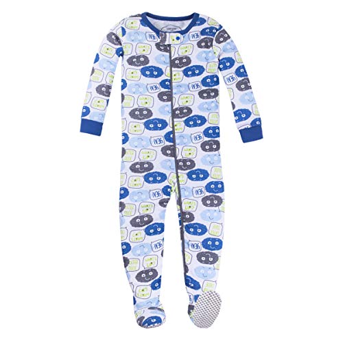 0190489118881 - LAMAZE ORGANIC BABY BOYS STRETCHIE ONE PIECE SLEEPWEAR, BABY AND TODDLER, FOOTED, ZIPPER, BLUE AND GREY EMOJIS, 9M
