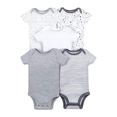 0190489899896 - LAMAZE BABY SUPER COMBED NATURAL COTTON SHORT SLEEVE BODYSUIT, SNAP CLOSURE, 5 PACK, GREY AND WHITE VARIETY, NEWBORN
