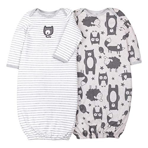 0190489907188 - LAMAZE BABY SUPER COMBED NATURAL COTTON GOWN FOR SLEEPING OR EVERYDAY USE, 2 PACK, GREY BEARS AND STRIPES, NEWBORN