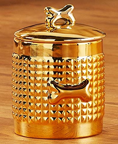 0190941019640 - METALLIC GOLD STUDDED GLAMOUR POOCH PET FOOD SNACK TREAT CANISTER JAR WITH DOG BONE EMBELLISHMENTS