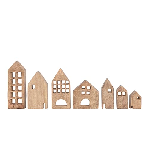 0191009469858 - CREATIVE CO-OP 3 H-8 H MANGO WOOD HOUSES, SET OF 7 FIGURES AND FIGURINES, 8 L X 3 W X 1 H, MULTI