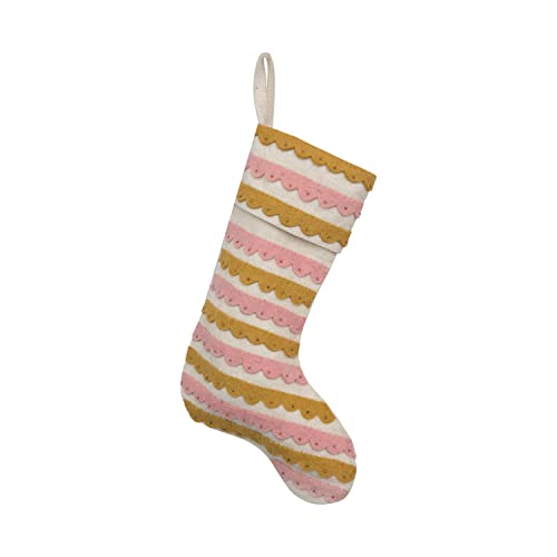 0191009485575 - CREATIVE CO-OP 19 H WOOL FELT STOCKING WITH APPLIQUED SCALLOPS AND BEADS, PINK, CREAM AND MUSTARD COLOR MISC TEXTILES, L X 8 W X 1 H, MULTI