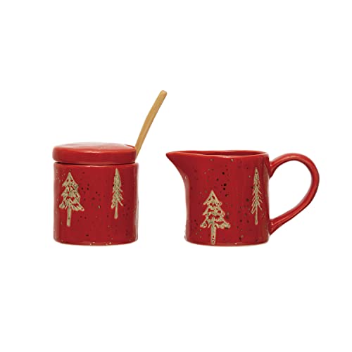 0191009502227 - 4-3/4L X 2-1/2W X 3-3/4H 5 OZ. HAND-STAMPED STONEWARE CREAMER AND 2-3/4 ROUND X 2-3/4H 5 OZ. SUGAR WITH WOOD SPOON, TREE PATTERN AND GOLD ELECTROPLATING, RED, SET OF 3