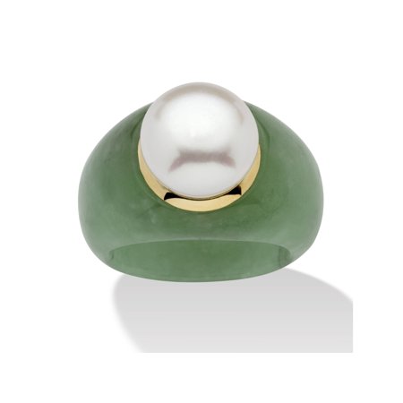 0191194029578 - ROUND CULTURED FRESHWATER PEARL GREEN JADE 10K YELLOW GOLD RING (11MM)