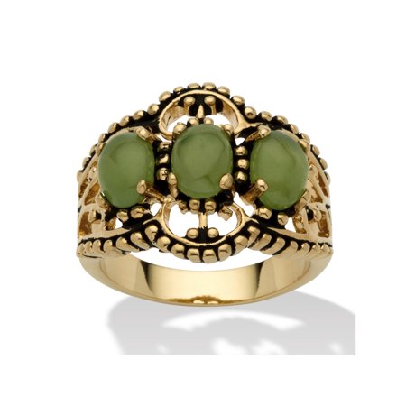 0191194136955 - OVAL GENUINE GREEN JADE ANTIQUED 14K YELLOW GOLD-PLATED TRIPLE-STONE FILIGREE RING
