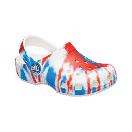 0191448565470 - CROCS KIDS’ CLASSIC TIE DYE CLOG | SLIP ON SHOES FOR BOYS AND GIRLS , RED/WHITE/BLUE, J5 US BIG KID