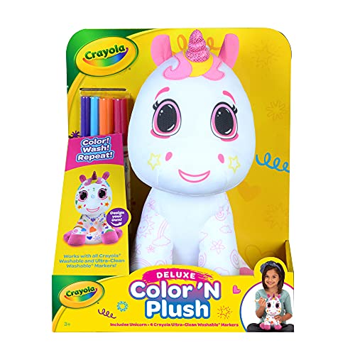 0191726395317 - CRAYOLA DELUXE COLOR ‘N PLUSH 10-INCH UNICORN - DRAW, WASH, REUSE - 2 BROAD AND 2 FINE ULTRA-CLEAN WASHABLE MARKERS - WASHABLE PLUSH TOY FOR KIDS