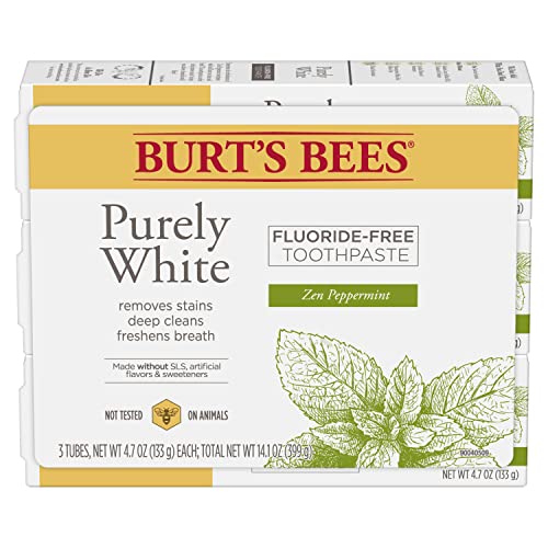 0192539000818 - BURT’S BEES TOOTHPASTE, NATURAL FLAVOR, FLUORIDE-FREE, PURELY WHITE, ZEN PEPPERMINT, 4.7 OZ, PACK OF 3