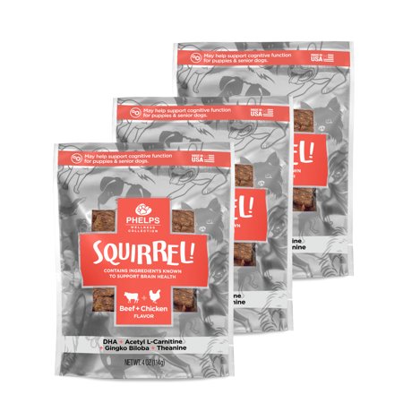 0192959811575 - PHELPS WELLNESS COLLECTION SQUIRREL ATTENTION FOCUSING BEEF & CHICKEN FLAVOR DOG TREATS 3 PACK 4.5 OZ