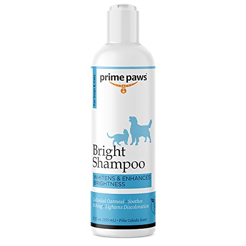 0192959899818 - PRIME PAWS BRIGHT SHAMPOO FOR DOGS & CATS - OATMEAL DOG SHAMPOO HELPS BRIGHTEN LIGHT OR WHITE FUR - WHITENING CAT SHAMPOO SOOTHES ITCHING - PINA COLADA SCENT - 12 OZ