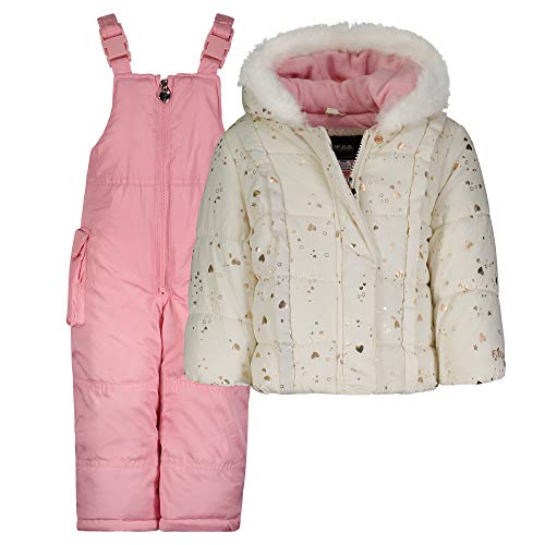0193371696085 - LONDON FOG BABY GIRLS SNOWSUIT WITH SNOWBIB AND PUFFER JACKET, IVORY/PINK OLIVE FOIL HEARTS, 18MO