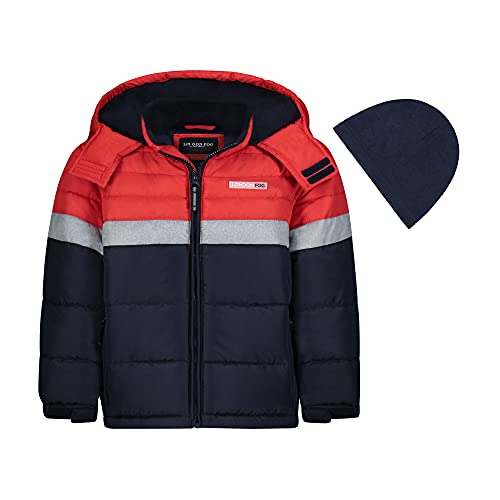 0193371918965 - LONDON FOG BABY BOYS COLOR BLOCKED PUFFER JACKET COAT WITH HAT, RED NAVY, 18MO