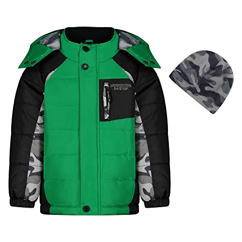 0193371944988 - LONDON FOG BABY BOYS COLOR BLOCKED PUFFER JACKET COAT WITH HAT, GREEN GREY CAMO, 18MO