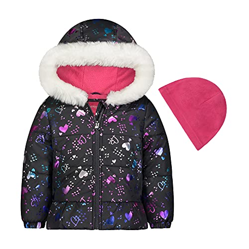 0193371956486 - LONDON FOG BABY GIRLS QUILTED PUFFER JACKET WITH FLEECE HAT, GREY OMBRE HEARTS, 24MO